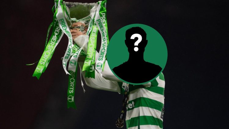 Arne Engels lifts the Premier Sports Cup after Celtic v Rangers, an inset of a mystery man