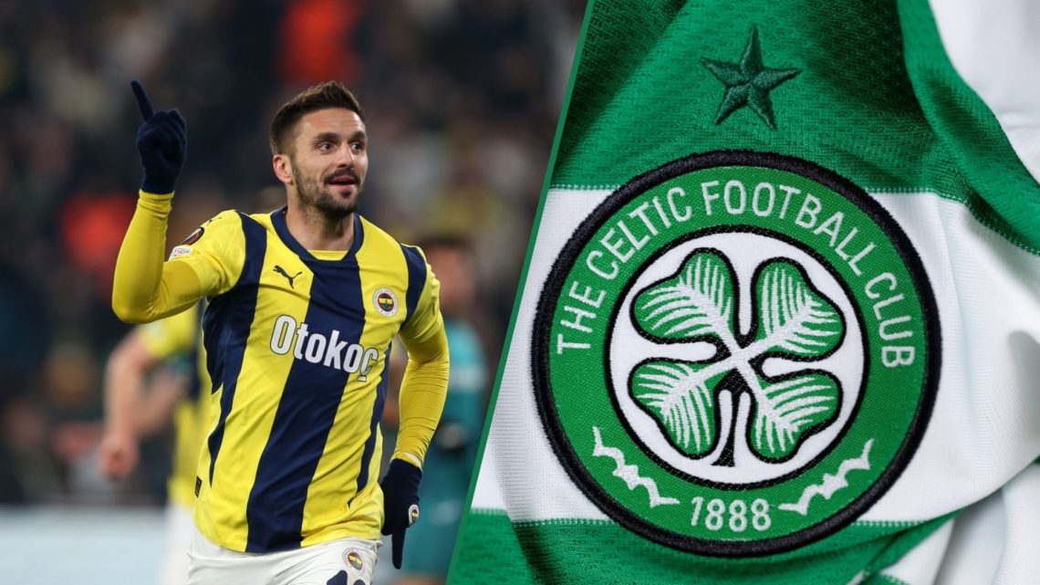 Dusan Tadic celebrates his goal for Fenerbahce SK v RSC Anderlecht, a detailed view of the Celtic badge