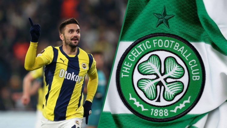 Dusan Tadic celebrates his goal for Fenerbahce SK v RSC Anderlecht, a detailed view of the Celtic badge