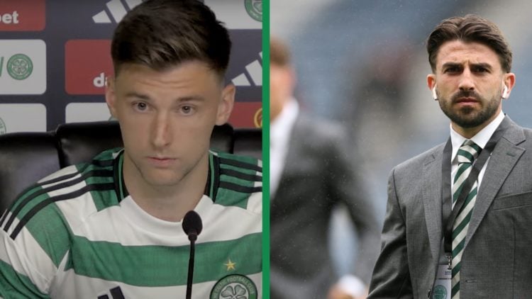A split image of Kieran Tierney at Celtic's press conference and Greg Taylor looks on before Celtic's Scottish Cup final loss to Aberdeen at Hampde...