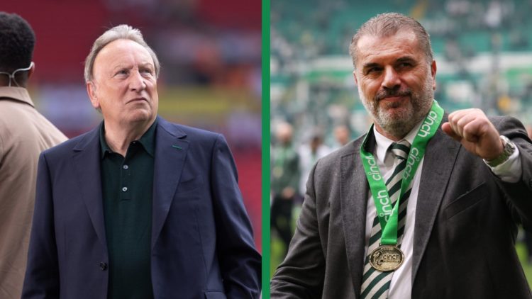 A split image of Neil Warnock at Wembley, and Ange Postecoglou celebrating Celtic winning the Premiership title.