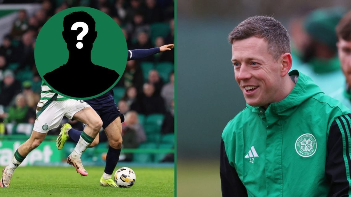 Johnny Kenny of Celtic battles for possession with Juan Antonio Portales of Dundee FC, inset of a mystery man, Callum McGregor smiles during Celtic...
