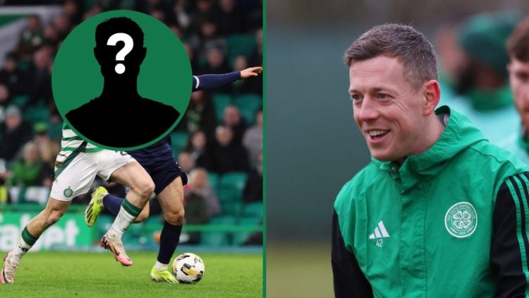 Johnny Kenny of Celtic battles for possession with Juan Antonio Portales of Dundee FC, inset of a mystery man, Callum McGregor smiles during Celtic...