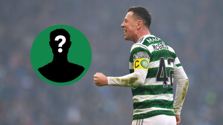 Callum McGregor celebrates for Celtic, including an inset of a mystery player.