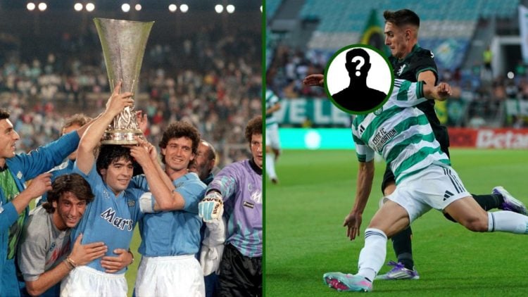 Celtic hero Daizen Maeda in action against Sporting CP and Napoli and Argentina legend Diego Maradona holding the UEFA Cup.