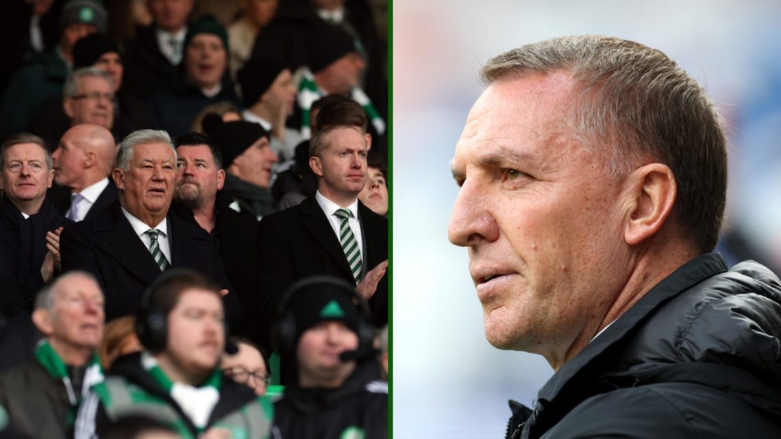 Split image of Celtic boss Brendan Rodgers in action in the Scottish Premiership and Celtic chairman Peter Lawwell and Celtic CEO Michael Nicholson...