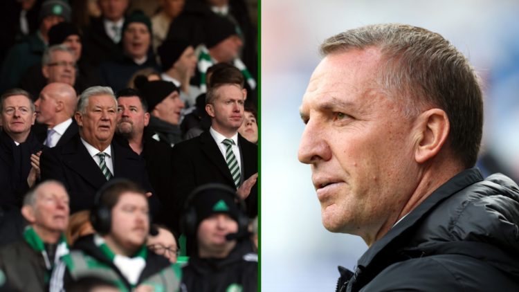 Split image of Celtic boss Brendan Rodgers in action in the Scottish Premiership and Celtic chairman Peter Lawwell and Celtic CEO Michael Nicholson...
