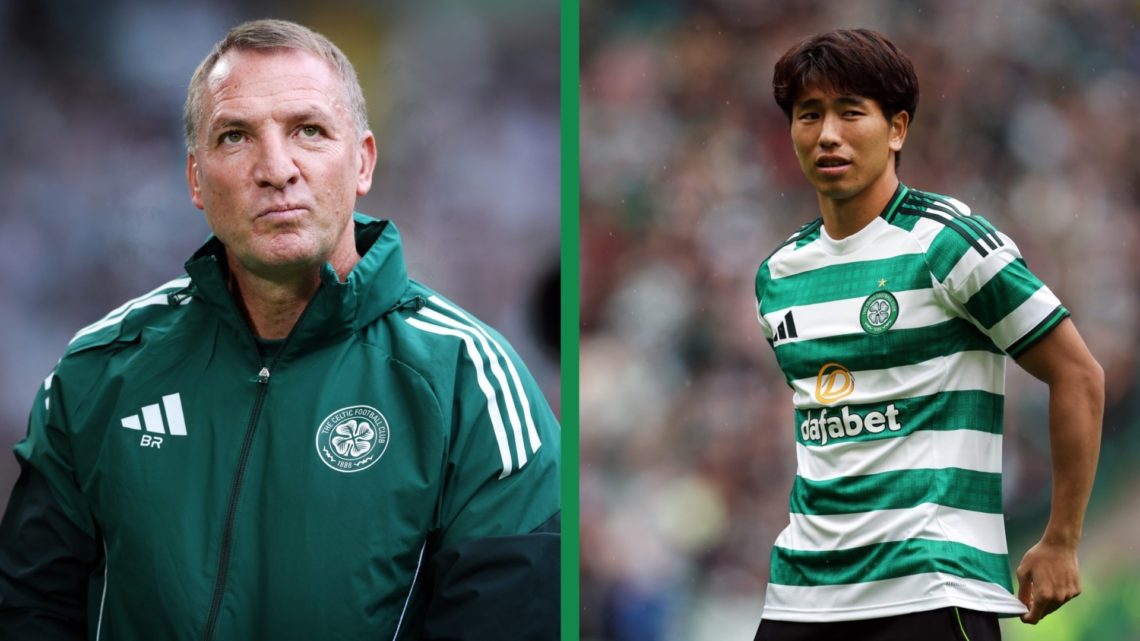 A split image of Brendan Rodgers looking on as the Celtic manager and Shin Yamada being shown off as a new Celtic player.