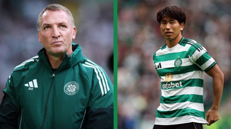 A split image of Brendan Rodgers looking on as the Celtic manager and Shin Yamada being shown off as a new Celtic player.