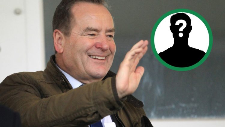 Jeff Stelling waves during Hartlepool's clash against Stockport County, including an inset of a mystery player.