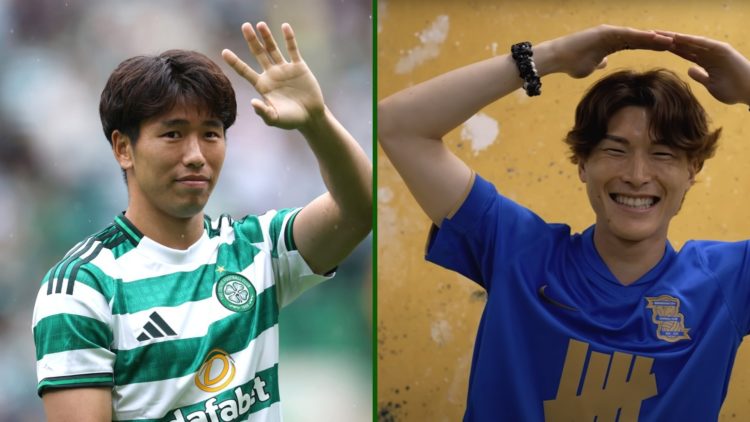 Split image of Shin Yamada as he was introduced to the Celtic fans before Celtic's friendly against Newcastle United and Kyogo Furuhashi celebratin...