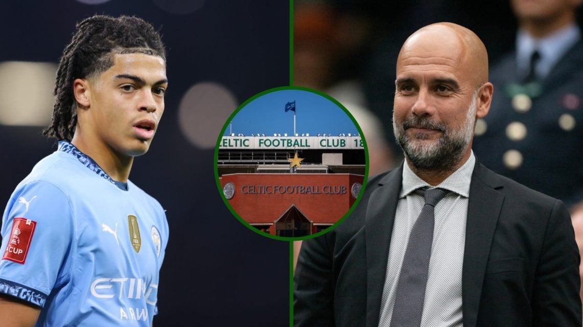 Split image of Celtic target Man City defender Jahmai Simpson-Pusey and Man City manager Pep Guardiola at Wimbledon.