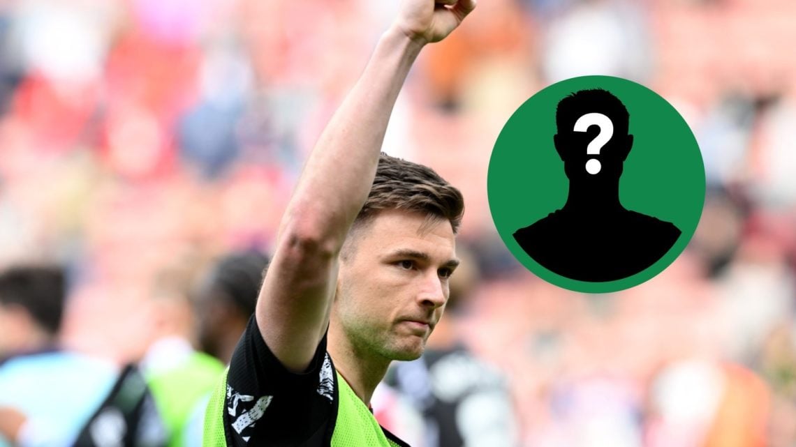 Kieran Tierney raises his hand towards the Arsenal fans, including an inset of a mystery player.