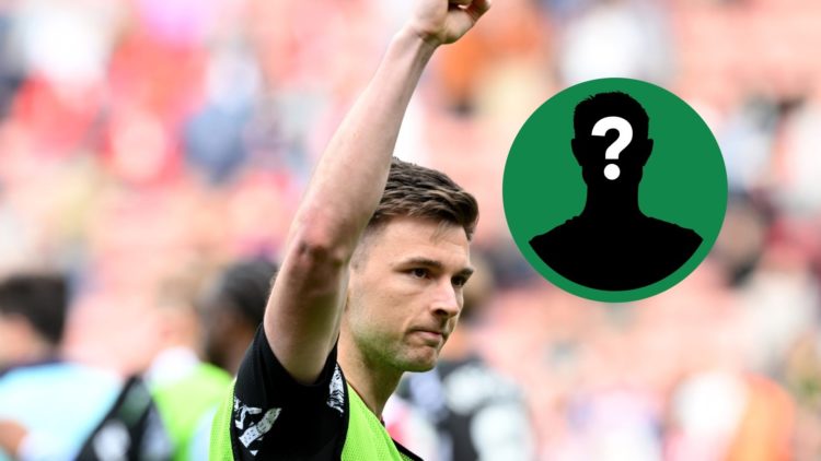 Kieran Tierney raises his hand towards the Arsenal fans, including an inset of a mystery player.