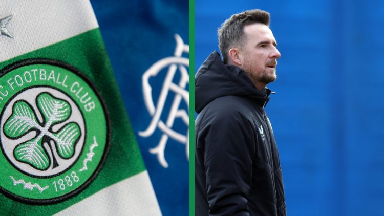 A split image of the Celtic and Rangers badges, including Barry Ferguson in training as the Ibrox boss.