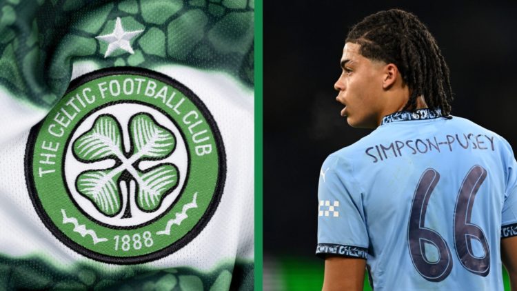 A split image of the Celtic badge and Jahmai Simpson-Pusey in action for Manchester City against Salford in the FA Cup.