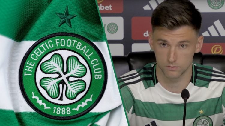 A detailed view of the Celtic badge on the front of a shirt, Kieran Tierney during a Celtic press conference