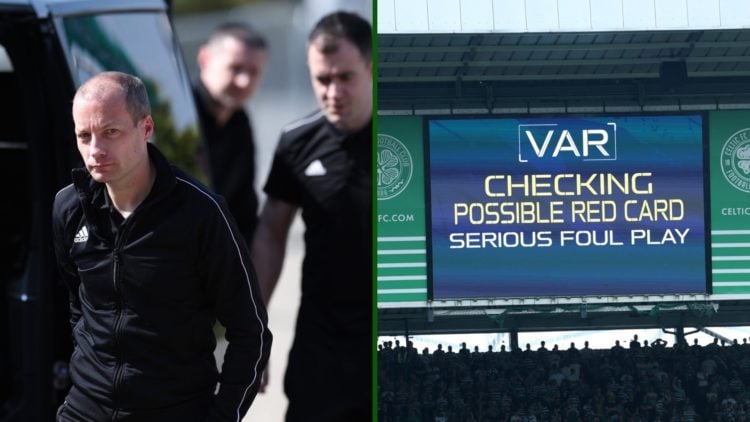 Split image of SFA Head of Referees Willie Collum and the VAR monitor at Celtic Park.