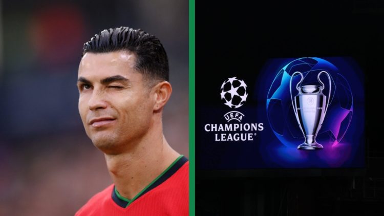 A split image of Cristiano Ronaldo winking during Portugal's Euro 2024 clash against France, including a close of the Champions League logo.