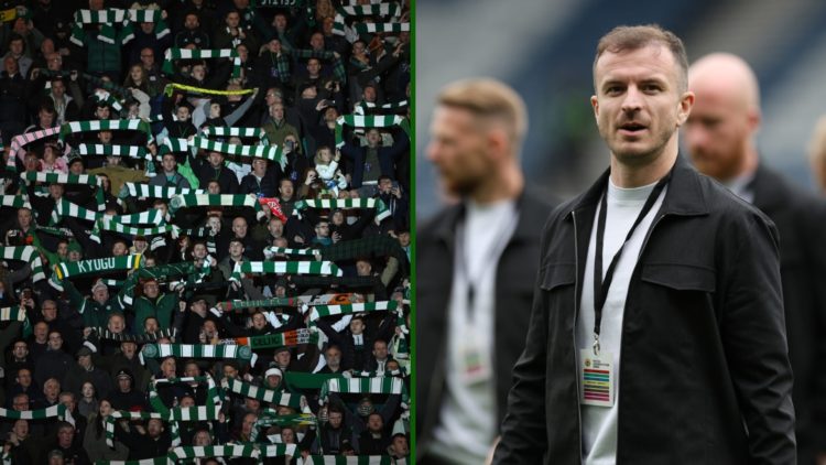 Split image of Any Halliday at Hearts and Celtic fans enjoying a Champions League night at Celtic Park.