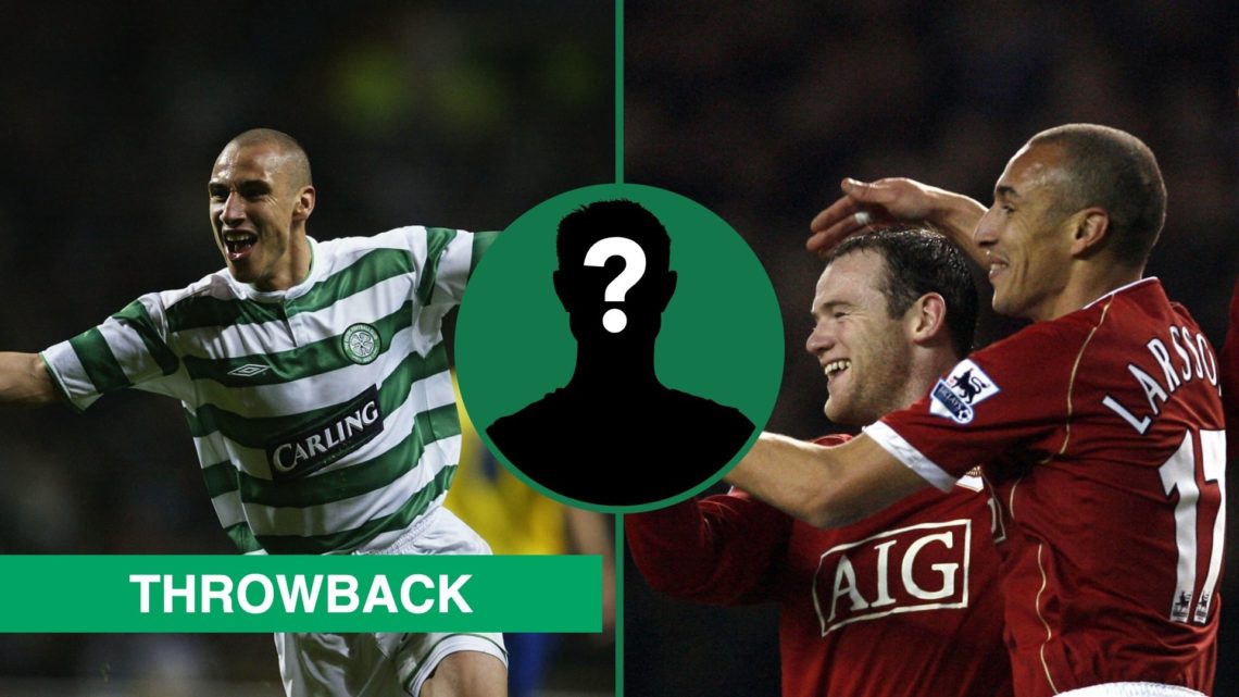 Henrik Larsson celebrates Celtic's goal vs Villareal, an inset of a mystery man, Henrik Larsson celebrates with Wayne Rooney after a Manchester Uni...