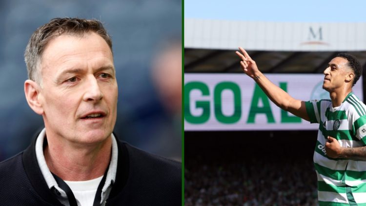 Split image of Celtic hero Chris Sutton and Celtic striker Adam Idah scoring in the Scottish Cup semi-final against St Johnstone.