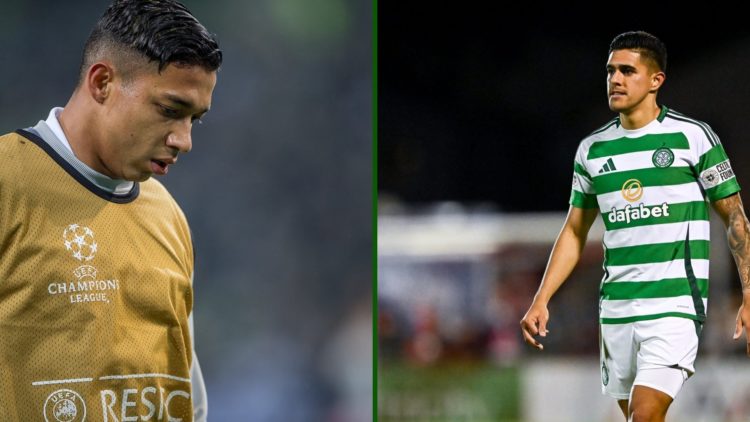 Split image of former Celtic defender Emilio Izaguirre in action in the Champions League and Celtic winger Luis Palma in action for Celtic against ...