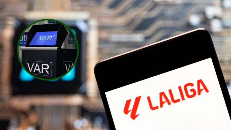 Image of the La Liga logo with an overlay of a VAR monitor at Celtic Park.
