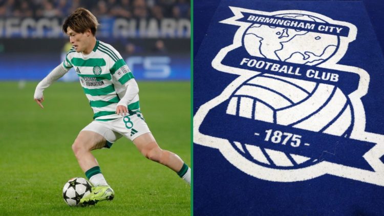 Kyogo dribbling with the ball for Celtic vs Atalanta left and the Birmingham City badge shown at St Andrew's Trillion Trophy Stadium right