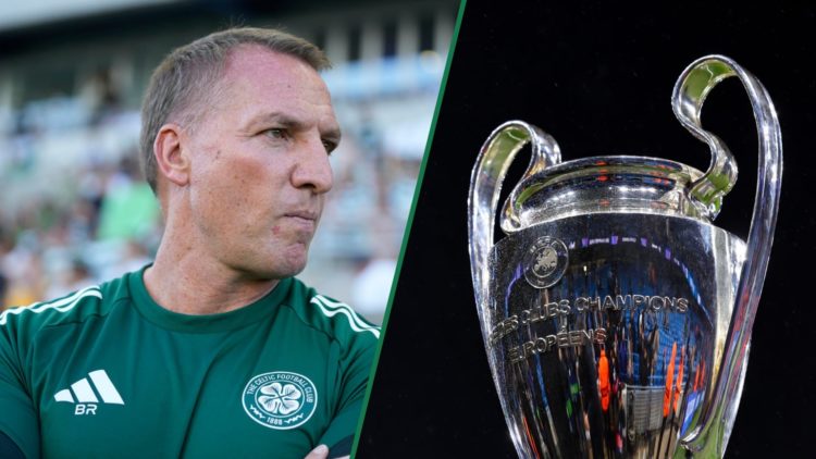 Brendan Rodgers watches on before Celtic's pre-season friendly, the UEFA Champions League trophy on display ahead of Manchester City vs Real Madrid
