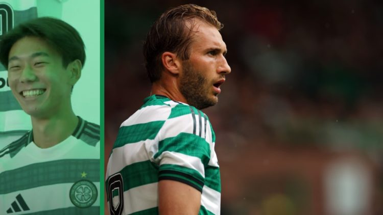 A split image of Celtic's new signing Hayato Inamura smiling and Benjamin Nygren in action for Celtic during their pre-season game against Newcastl...