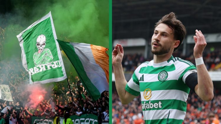 A split image of Celtic fans waving flags and Nicolas Kuhn celebrating his goal for Celtic against Dundee United.