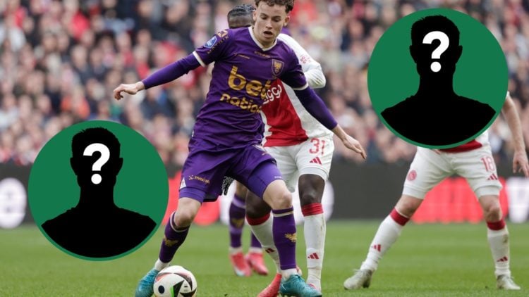 Jakob Breum dribbles with the ball during Ajax vs Go Ahead Eagles, two insets of mystery men