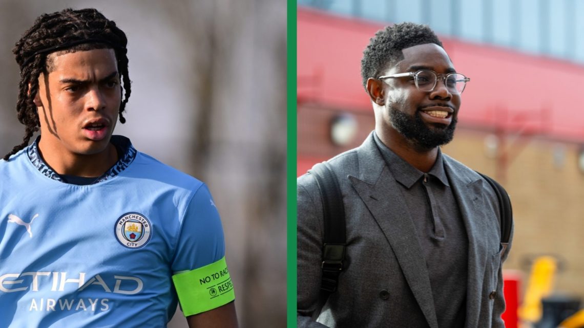 A split image of Jahmai Simpson-Pusey as the captain of Man City U19s vs AZ Alkmaar in the UEFA Youth League and Micah Richards arriving as a pundi...