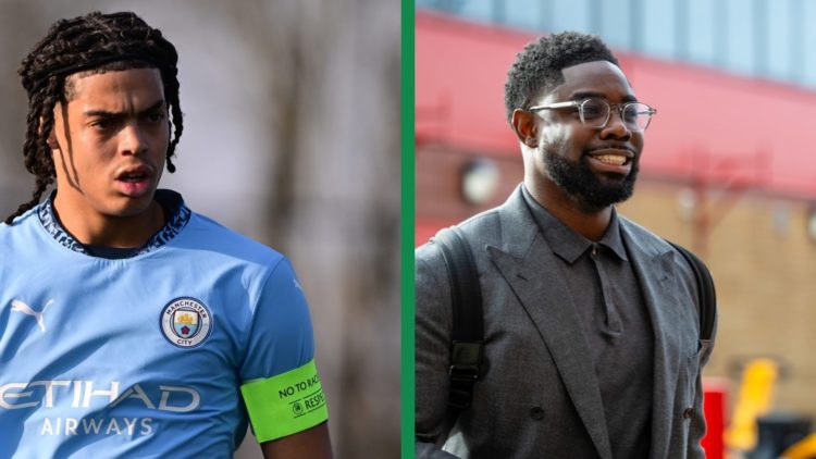 A split image of Jahmai Simpson-Pusey as the captain of Man City U19s vs AZ Alkmaar in the UEFA Youth League and Micah Richards arriving as a pundi...