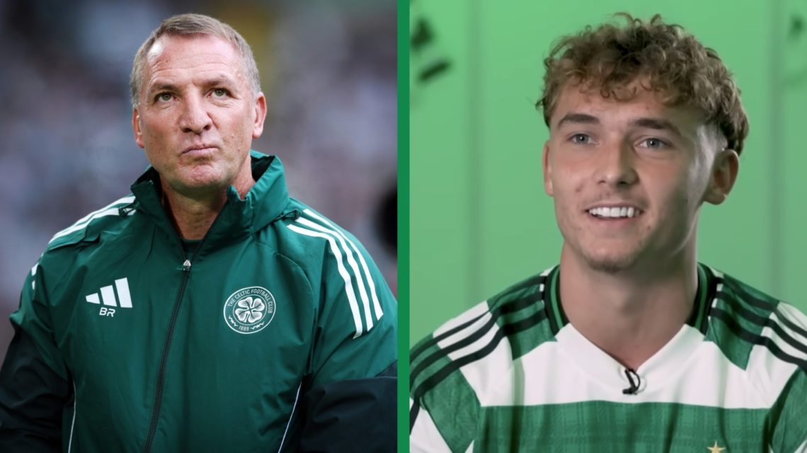 A split image of Brendan Rodgers looking on before Celtic's pre-season friendly against Newcastle United and new signing Callum Osmand doing an int...