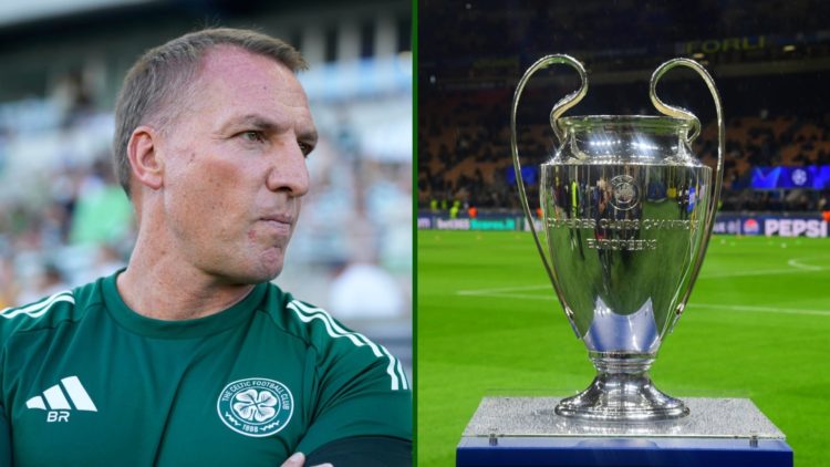 Split image of Celtic manager Brendan Rodgers looking on from the side-lines during Celtic's friendly against Sporting CP and an image of the Champ...