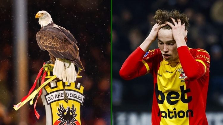 Split image of Celtic target Jakob Breum in action in the EreDivise against Heracles and the Go Ahead Eagles mascot.