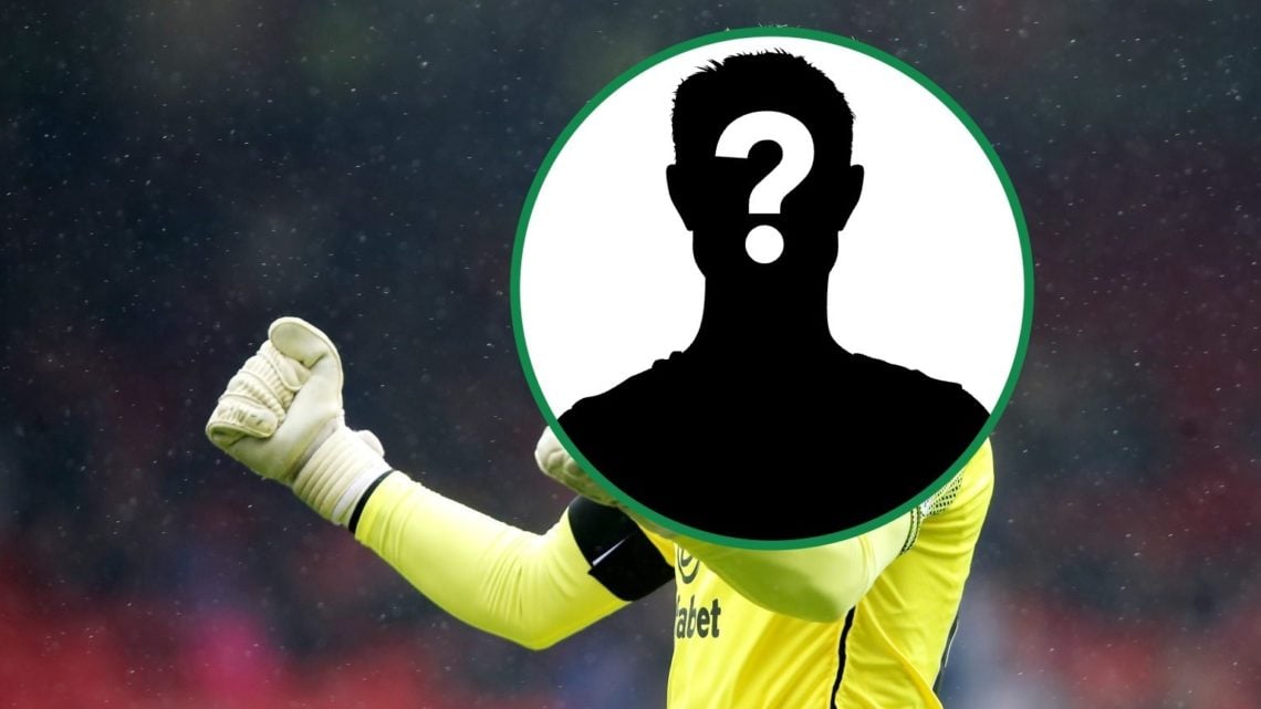 Scott Bain celebrates towards the fans after a Celtic goal with mystery overlay covering his face