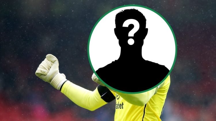Scott Bain celebrates towards the fans after a Celtic goal with mystery overlay covering his face