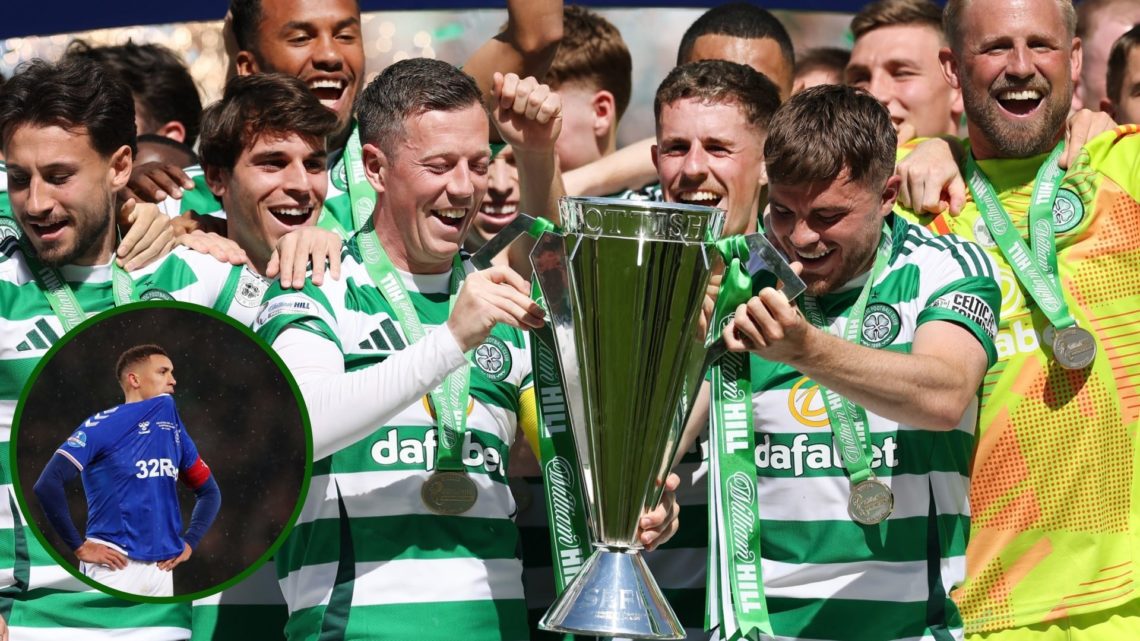 Image of Callum McGregor and James Forrest lifting the Scottish Premiership trophy at Celtic Park with an overlay of Rangers captain James Tavernie...