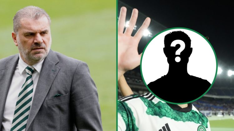 Ange Postecoglou as Celtic boss before playing Rangers at Hampden Park left and Yuki Kobayashi waving to fans with a mystery overlay covering his f...