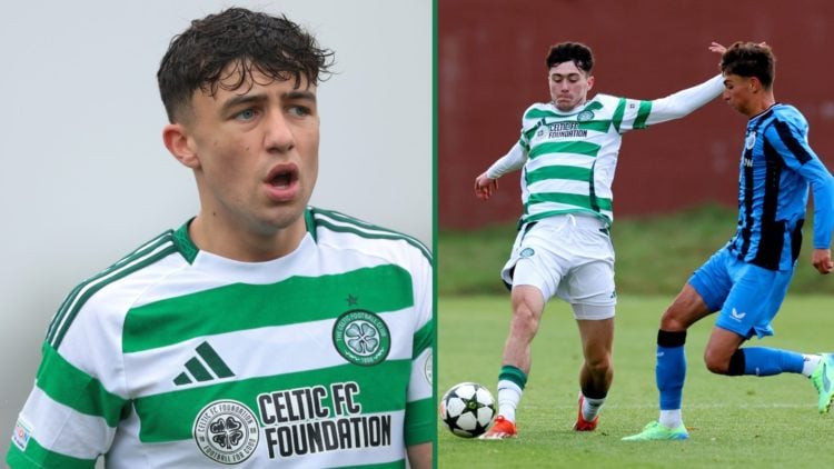 Jude Bonnar in action for Celtic during a UEFA Youth League clash vs Atalanta, Colby Donovan stretches for the ball during Celtic's UEFA Youth Leag...