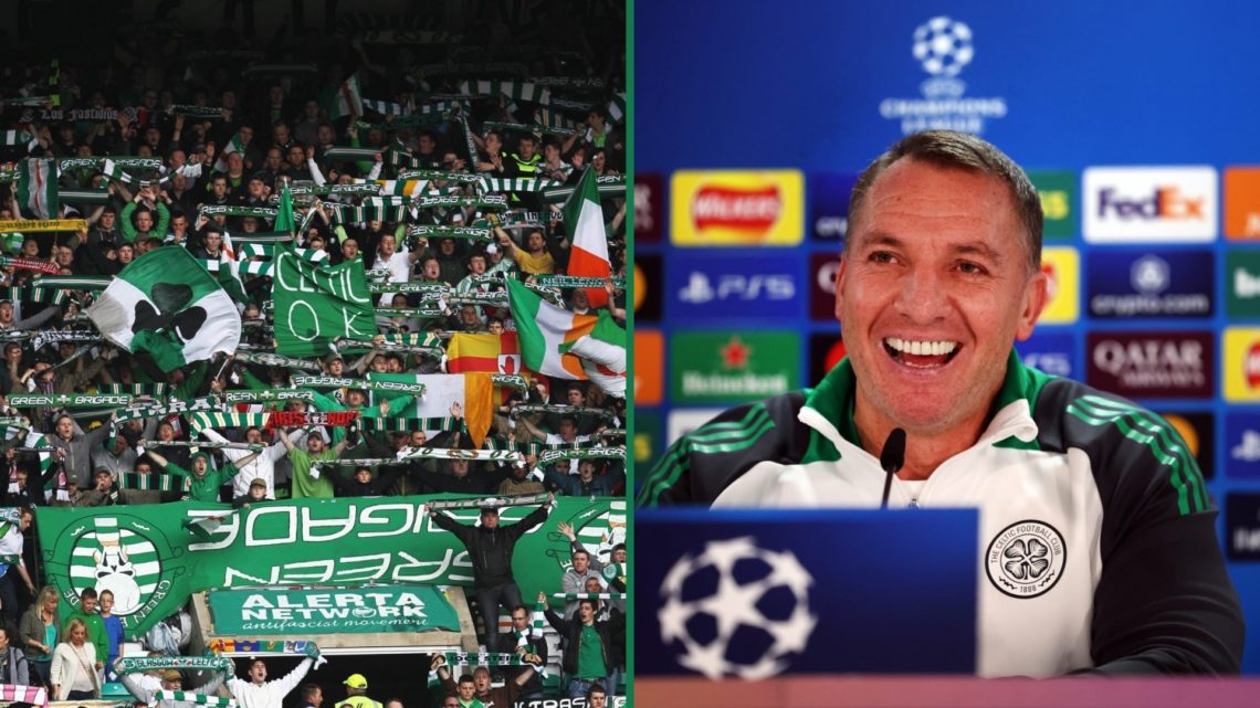Celtic fans show their support before a Scottish Premiership game, Brendan Rodgers laughs during a press conference