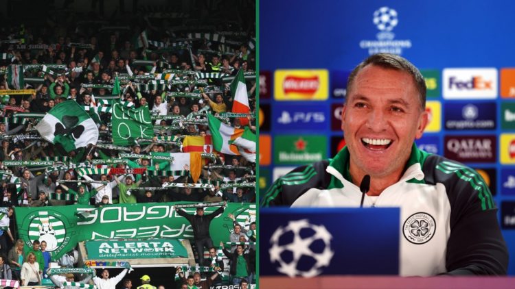 Celtic fans show their support before a Scottish Premiership game, Brendan Rodgers laughs during a press conference