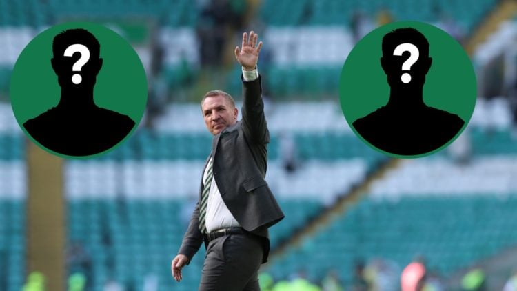 Brendan Rodgers waves to the Celtic fans after their game against Hibernian, two insets depicting mystery figures