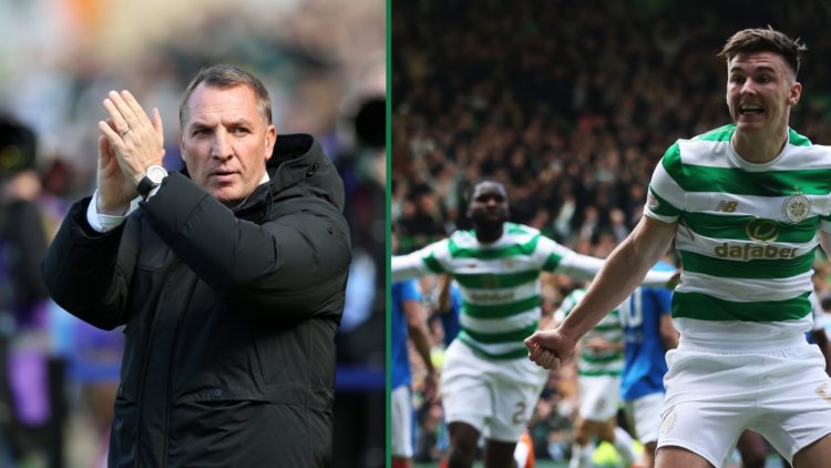 Brendan Rodgers applauds the Celtic fans after a game, Kieran Tierney celebrates after Celtic score against Rangers