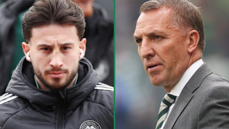Celtic's Nicolas Kuhn arriving at Celtic Park before playing St Mirren left and Brendan Rodgers on touchline at Hampden during 2025 Scottish Cup fi...