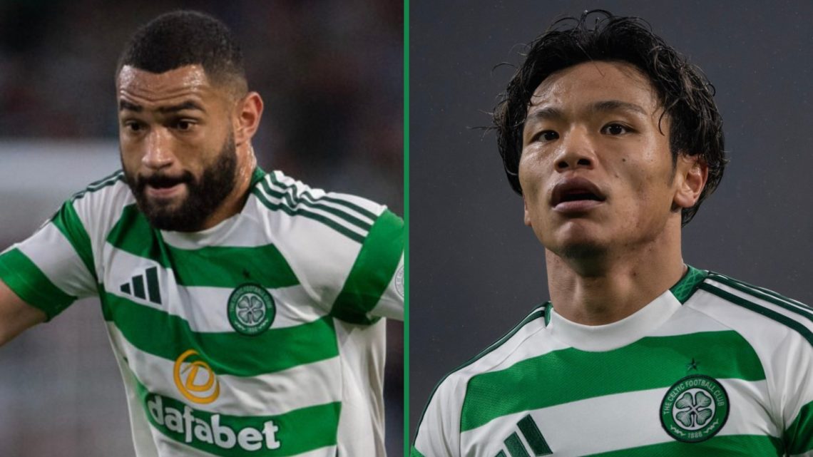 Cameron Carter-Vickers dribbling with the ball for Celtic in Champions League left and Reo Hatate looks on during Champions League away clash right