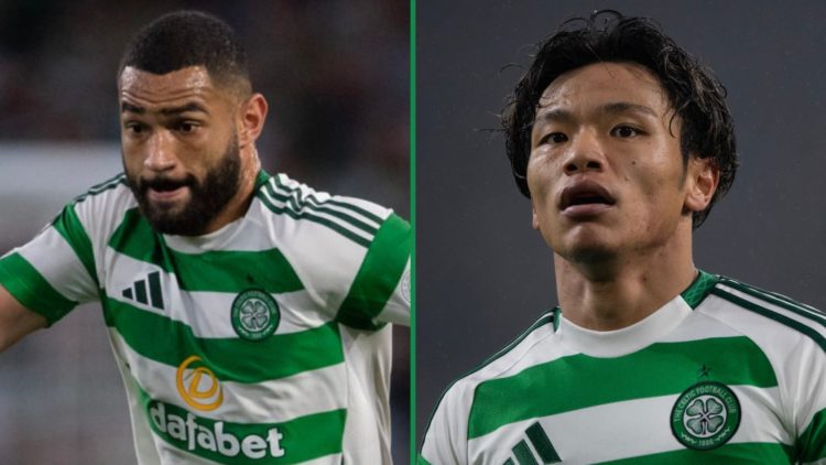 Cameron Carter-Vickers dribbling with the ball for Celtic in Champions League left and Reo Hatate looks on during Champions League away clash right